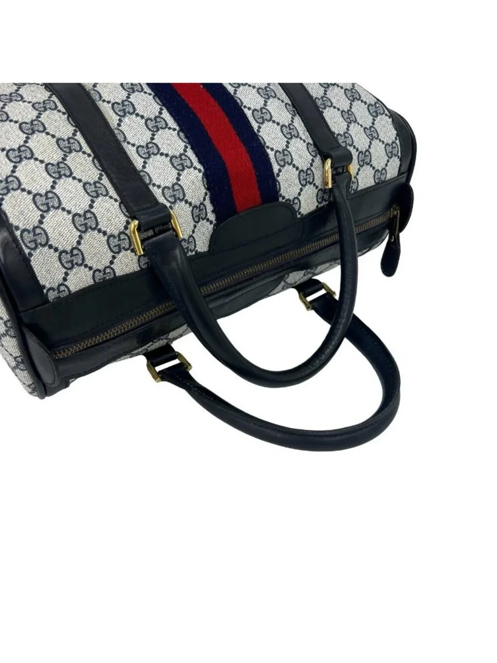 Gucci Vintage Sherry Line GG Pattern Leather Mini Boston Bag Navy